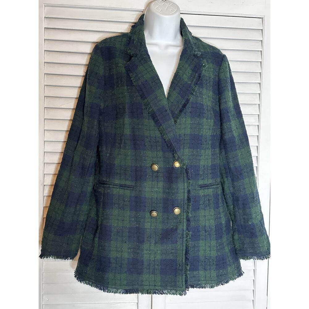 Banana Republic Blackwatch Tartan Plaid Tweed Jacket Dbl Breasted Gold Buttons M